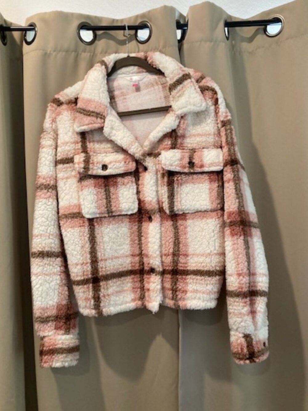 No Boundaries Pink Brown Plaid Faux Sherpa Fleece Jacket